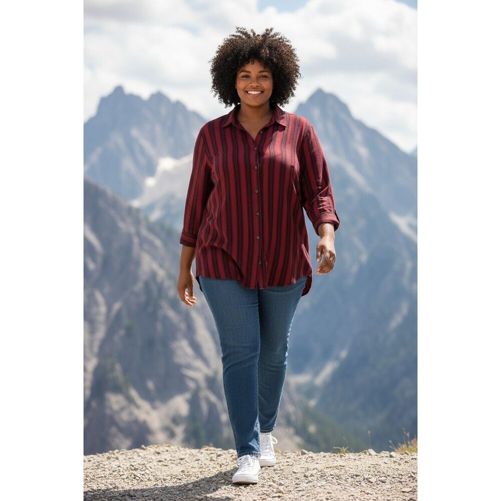 Roaman's Plus Blouse Long Sleeves Red With Black Stripes Women's 24